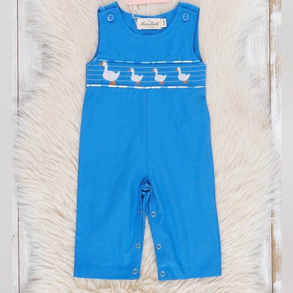 Goose smocked jon jon longall romper baby boy Marie Nicole ducks embroidered - Picture 1 of 7